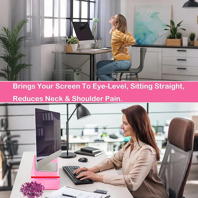 Ergonomic Acrylic Monitor Stand with Storage - Bright Pink Desktop Organizer for Back Pain Relief & Space Saving, Stylish & Modern Desktop Organizer(Home/Office Use)