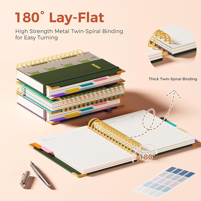 XYark A5 Hardcover Spiral Notebook, 6.3"x8.5" College Ruled Notebooks with Removable Dividers Tabs & Ruler, 5 Subject Notebook 300 Pages, Small Lined Journal for Women Men School Work Office, Green