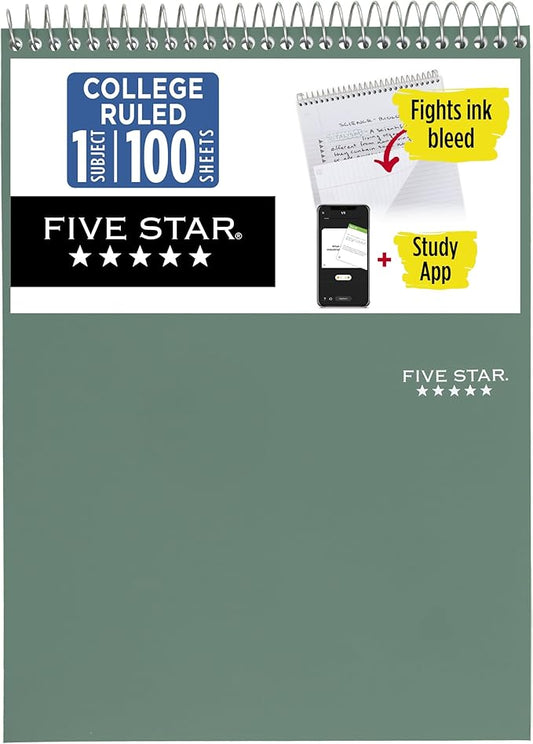Five Star Top Spiral Notebook + Study App, 1 Subject, College Ruled Notepad, 8-1/2" x 11", 100 Sheets, Fights Ink Bleed, Water Resistant Cover, Seaglass Green (820058C-ECM)