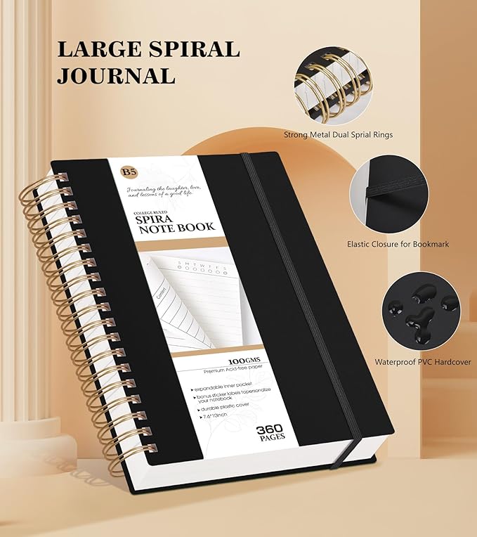 MUAHLIUB Spiral Notebook Journal College Ruled, 360 Pages Lined Thick Journals for Women Men, B5 Big Notebooks with 100GSM Paper, Spiral Bound Journaling for Writing Work School Black 7.6"×10"