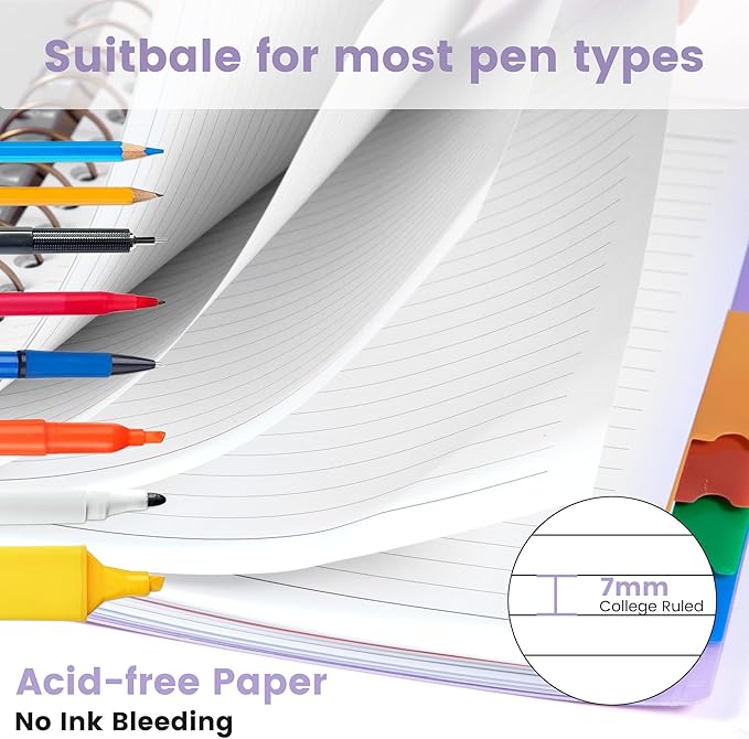 CAGIE Spiral Notebooks for School Work with Removable Dividers Tabs, 8.5” x 11” 5 Subject Notebook College Ruled, Large Lined Journaling Notebook for Women Men Writing, Purple