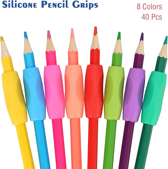 Ergonomic Pencil Grips 40 Pcs with 8 Colors, Silicone Pencil Holders for Kids Handwriting, Toddler Gel Pencil Cushion Grippers, Triangle Pen Grips for Adults Writing Aid, Classic