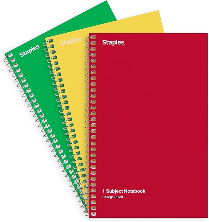 STAPLES 1‑Subject Notebook, 5” x 7.75”, College Ruled, 80 Sheets, Assorted Colors, 9/Carton