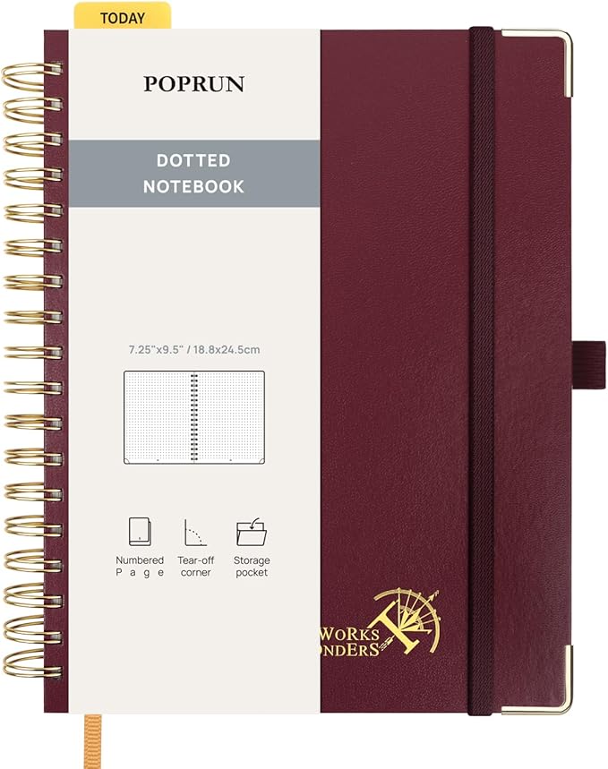 POPRUN Dotted Journal Spiral Notebook, B5-7-1/4 x 9-1/2", 220 Pages, 120 GSM Dot Grid Notebooks, Hardcover Spiral Journals for Writing Journaling Drawing Women Men Work School, Burgundy