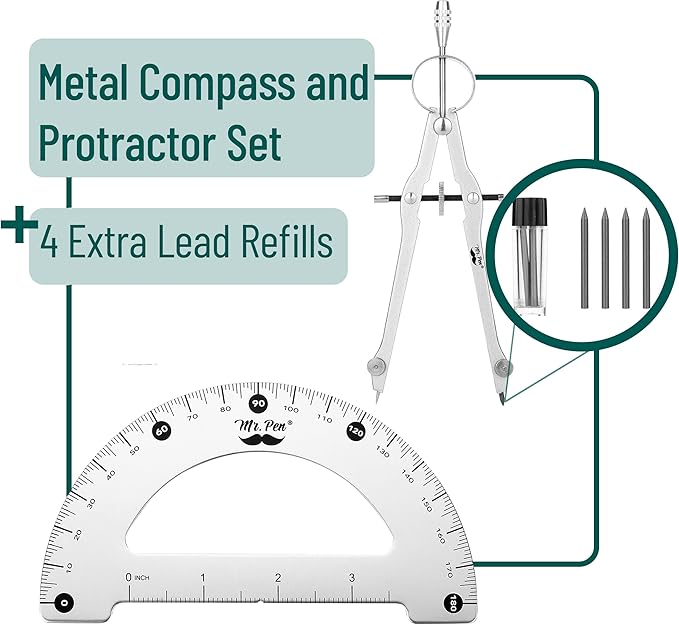 Mr. Pen- Metal Protractor and Convertible Compass Set, Protractor and Compass for Math, Drawing