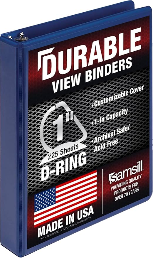 Samsill Durable 1 Inch Binder, D Ring Binder, Customizable Clear View Cover, Midnight Blue, Holds 225 Pages