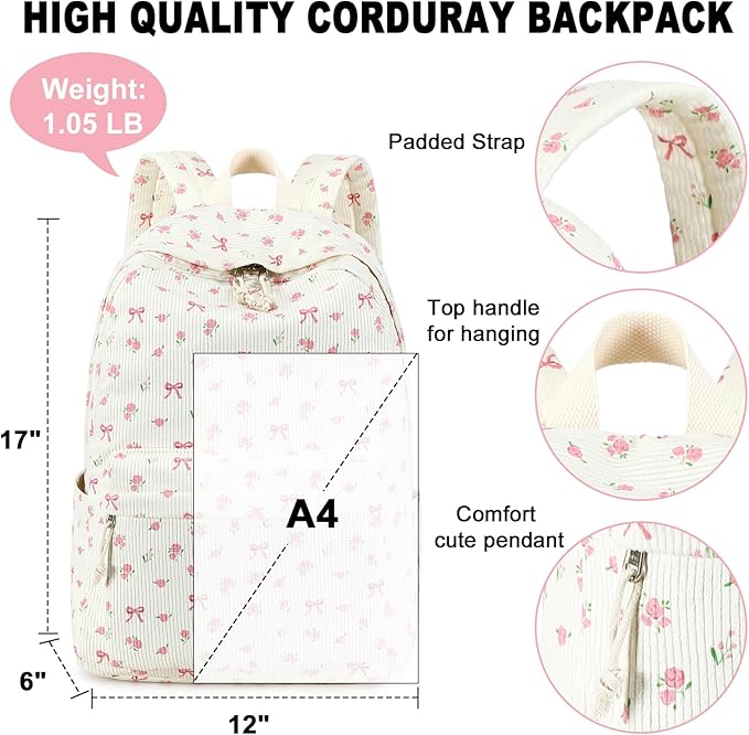 BTOOP School Backpack for Girls Teens Large Corduroy Bookbag Lightweight 15.6 inch Laptop Bag for Women Casual High School College (Pink Bow Floral)
