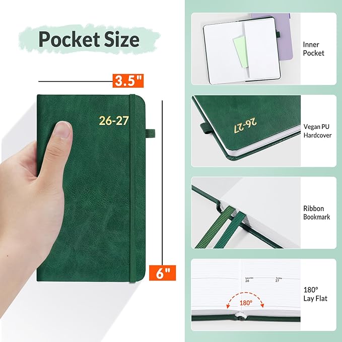 SUNEE 2026-2027 Pocket Weekly Planner for Purse 3.5" x 6" - 12 Month (July 2026 - June 2027) Academic Year Calendar, Pocket Size Planner, Hardcover, Note, 100 GSM Paper, Deep Green