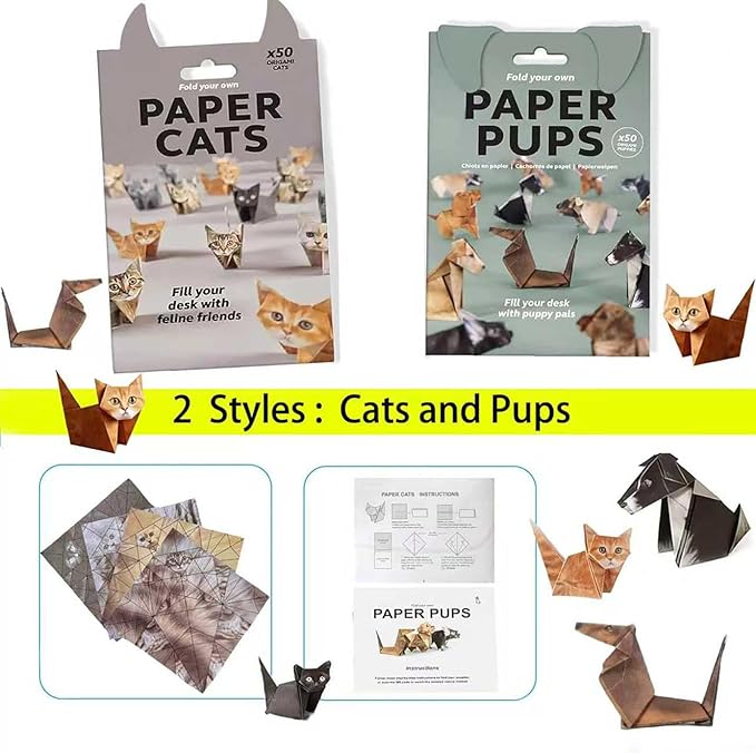 DIY Paper Cat Origami Kit - 100 Sheets DIY Origami Paper for Kids & Adults, Fun Creative Art Project, Desk Decor and Gift for Pet Lovers (Cat/dog Design)