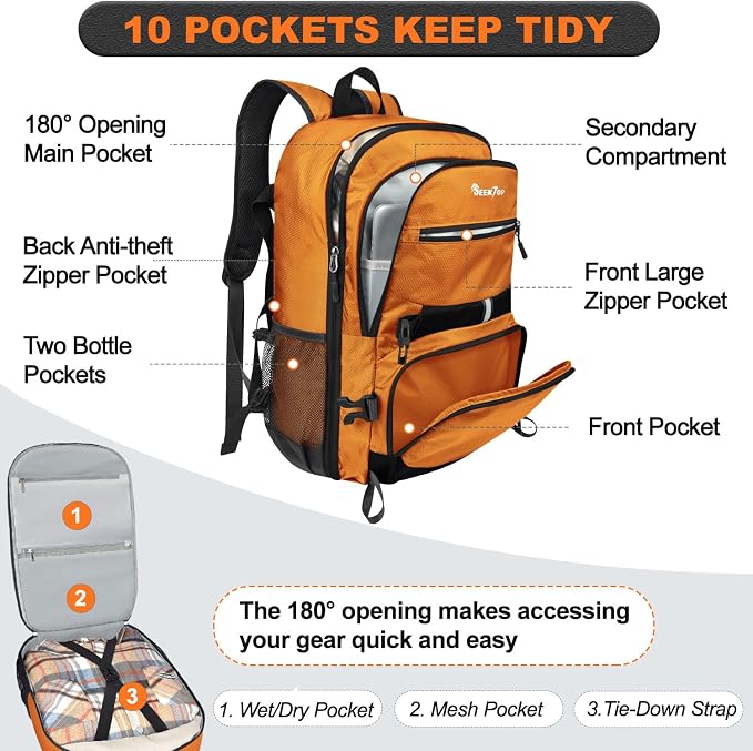 Seektop Travel Backpack for Men Women, Multiple Pockets 40L Hiking Backpack | Lightweight Foldable Carry on Backpack for Outdoor Camping Sport Leisure