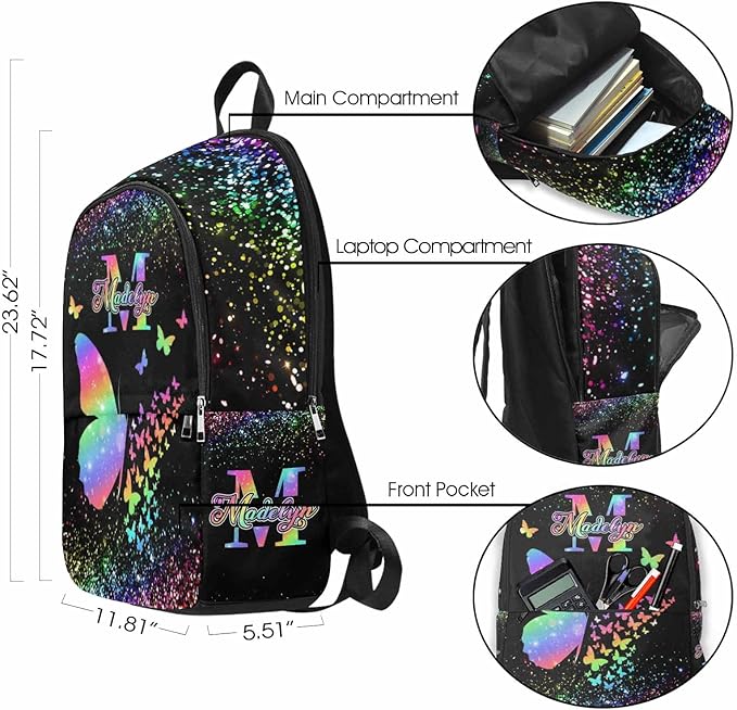 M YESCUSTOM Personalize Girls Backpack with Lunch Bag, Butterfly Custom Backpack for Girl Kids Bookbag Elementary School Kindergarten Travel Bag