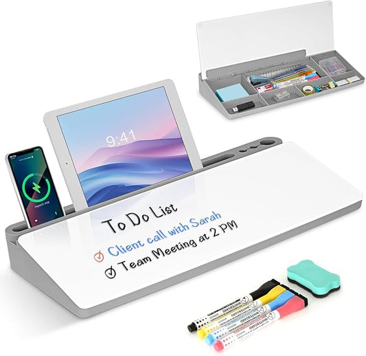 Desktop Glass Whiteboard with Storage, Grey Desk Dry Erase White Board with Computer Keyboard Stand, Desk Organizers and Accessories with Removable Cubicles for Office, Home, College, School