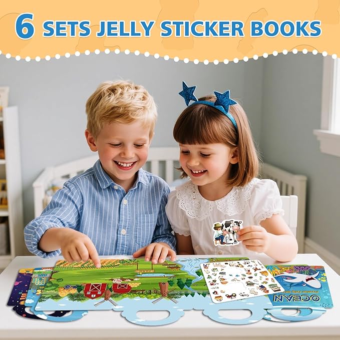 3 Sets of Reusable Jelly Stickers Books - Jelly Sticker Books for Kids - Airplane and Car Travel Toys Educational Gifts for Boys and Girls（Vehicles+Farm+Space）