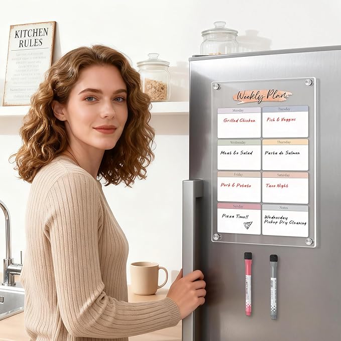 Magnetic Acrylic Weekly Dry-Erase Board -8x12 Inch Fridge Calendar Organizer, Color-Block Design for Clear Visual Planning, with Erasable Magnetic Markers, Ideal for Workers, Students, Home, Office