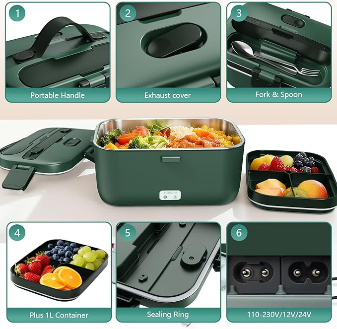 Electric Lunch Box for Adults, 2.8L Double Layer 100W Fast Heated Lunch Box, Heating Food Heater Warmer for Home Office Car Truck Use, Extra Large Lonchera Electrica Portátil 12/24V/110-230V, Green