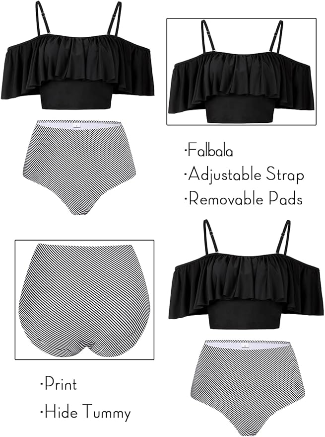 Kaei&Shi High Waisted Flounce Bikini Set,Tummy Control Swimsuits for Women,Off Shoulder