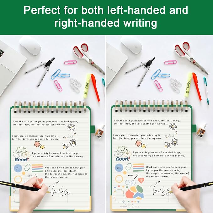 Mousbull A4 Top Spiral Notebook, Tree Pattern Large Leather Hardcover Left Handed Journal, 240 Pages 100 Gsm Lined Paper Top Bound Steno Pads for Work, School, Travel Writing - Green, 8.5" x 11"