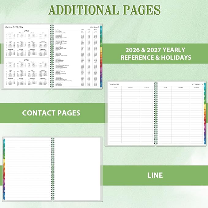 Academic Planner 2026-2027 - Planner 2026-2027, July 2026 - June 2027, 8" x 10", 26-27 Planner Weekly and Monthly with Colorful Tabs, Twin-wire Binding, Inner Pocket - Green