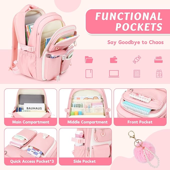 MUSEVOS Kids Backpack for Girls Aged 6-14, Kindergarten Elementary Middle School Backpack, Cute Bookbag Multi-Compartment, Water-resistant