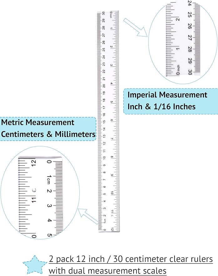 Ruler 12 Inch, 2 Pack Clear Plastic Rulers with Inches and Metric, Shatterproof Transparent Straight Edge for School Office, Easy-to-Read mm cm Markings