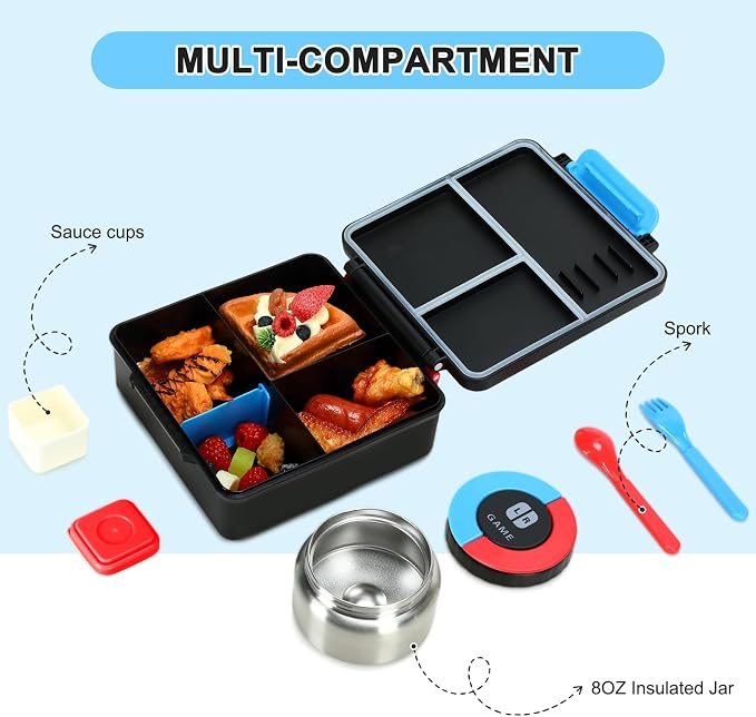 Gamer Bento Lunch Box for Kids, 60 OZ Kids Lunch Box with 8 OZ Leakproof Stainless Steel Insulated Food Jar, 3-4 Compartments Bento Box for School, Includes Sauce Cup & Divider (Blue-Red-A2)