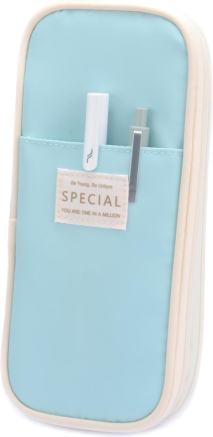 Large Capacity Big Special Cute Aesthetic Preppy Canvas Pencil Case Organizer Holder Pouch Bag with Zipper Compartments, Pen Cases for Women Girls School Adults (Sky Blue)
