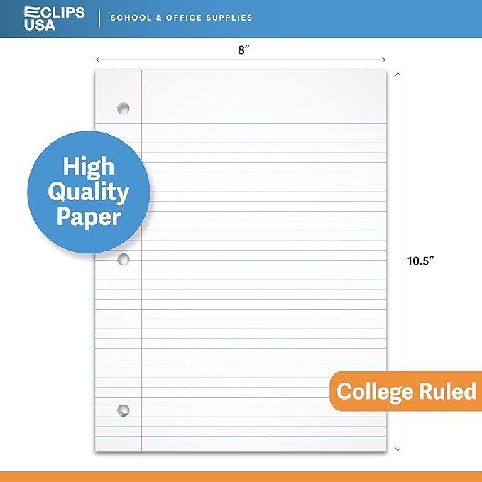 Loose Leaf Paper College Ruled Notebook Paper College Ruled Lined Writing Filler Paper 10.5” x 8” 450 Sheets 150 Sheets Per Pack 60 gsm (3 Pack)