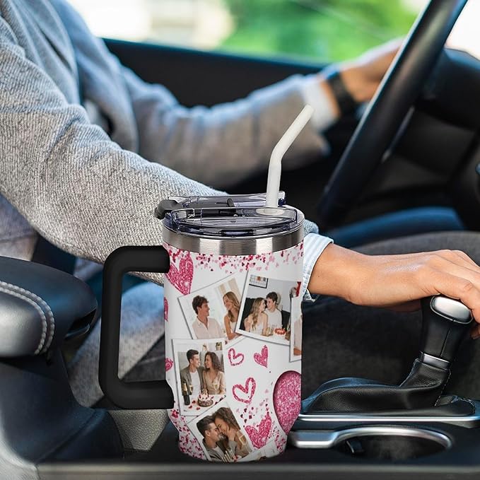 Personalized Tumbler Custom Vacuum Insulated Travel Mug Customizable Coffee Cup with Your Photos and Text Christmas Birthday Gift (Heart Shaped Photo)