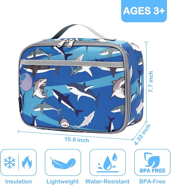 FlowFly Kids Lunch box Insulated Soft Bag Mini Cooler Back to School Thermal Meal Tote Kit for Girls, Boys, Shark