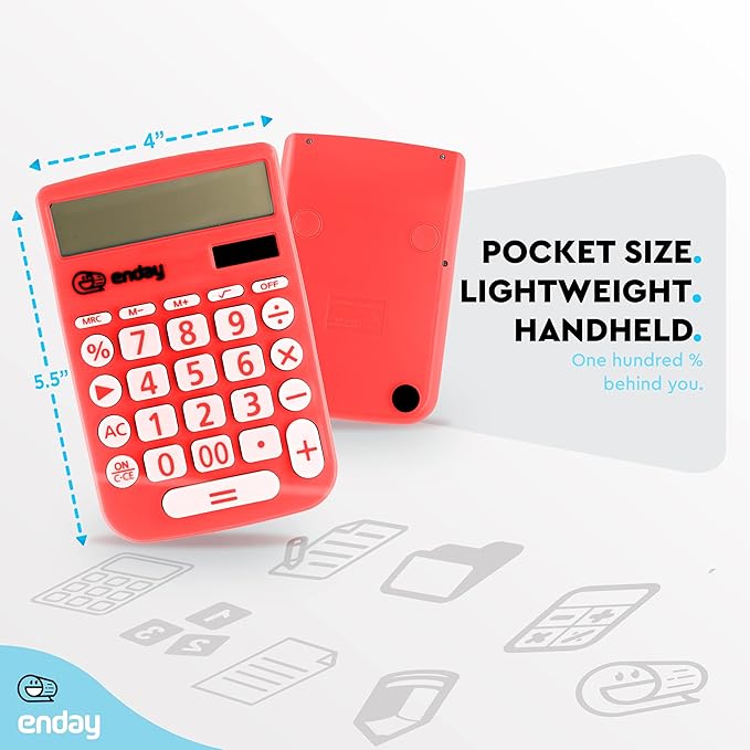 Enday Solar Powered Large Display 12 Digit Red Basic Calculator - Perfect for Office & School