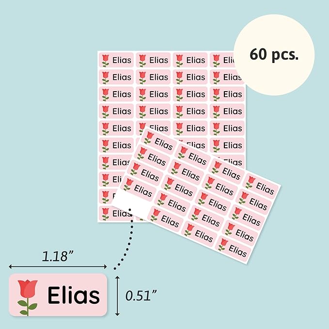 Personalized Name Labels for Kids (60) – Custom Waterproof & Durable Stickers for Clothing, Daycare, Office & School Supplies - Flowers