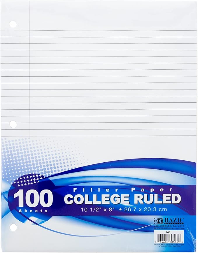 BAZIC Products College Ruled Filler Paper, 100 Sheets, Cs/36