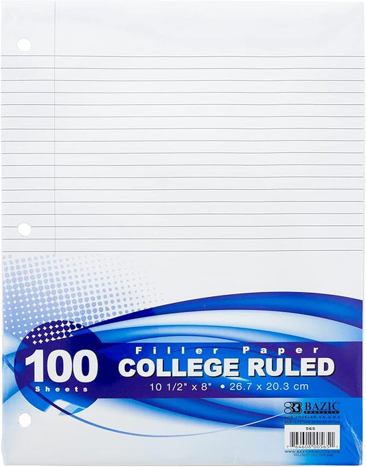 BAZIC Products College Ruled Filler Paper, 100 Sheets, Cs/36