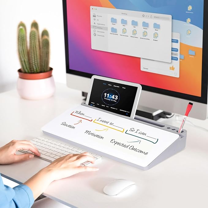 DOLLAR BOSS Glass Desk Whiteboard Small Dry Erase Board Desktop White Board with Storage Drawer Computer Keyboard Stand Desk Organizer Office Accessories School Supplies with 4 Markers 1 Eraser, Grey