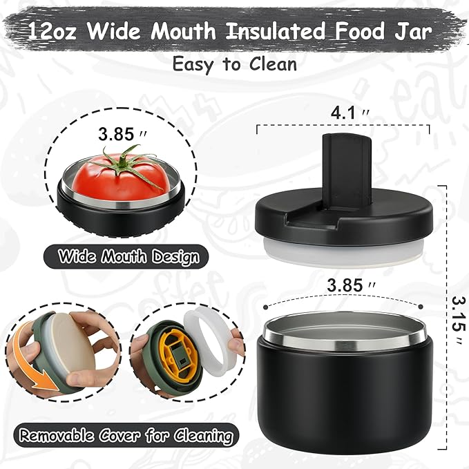 Pawtong 12oz Insulated Vacuum Food Jar with Buckle Lid Wide Mouth Soup Thermo for Hot Food Kids Leakproof Stainless Steel Lunch Container- Black- 1Pack
