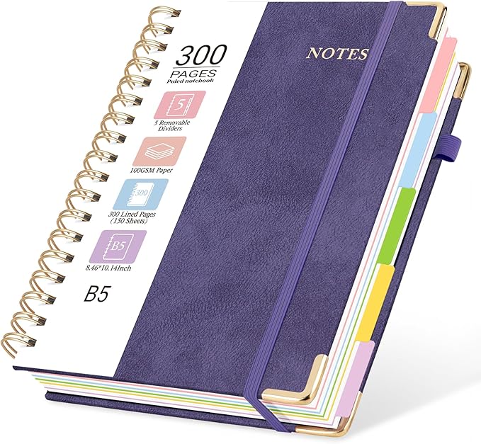 Hardcover Spiral Journal Notebook, 300 Pages 5 Subject Notebook College Ruled with Removable Dividers Tabs, 8" x 10" Notebooks for Work, Spiral Ruled Lined Writing Journal Hardcover Leather Notebook for School (Purple, 8''x 10'')