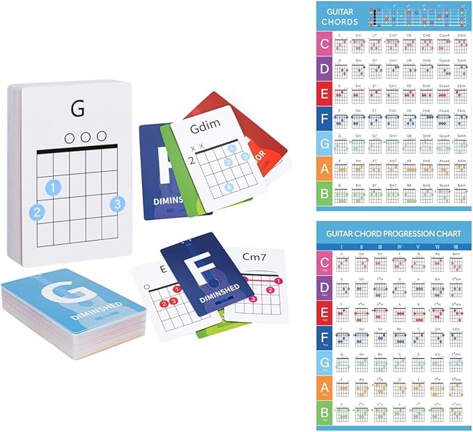 Guitar Chords Flash Cards Set, 56 Chord Cards and Guitar Chord Chart, Learn Essential Chords Quickly, for Beginners and Players