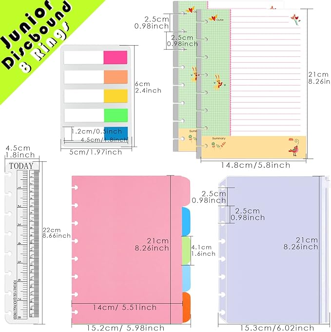 Rancco Junior Cornell Notebook Paper, 180 Pages 8 Rings Punched Half Letter Disc Paper Inserts w/Index Tabs, Index Dividers, Loose-Leaf Bag, Ruler For Circa, Arc, TUL, Happy Planner, 5.5x8.5"