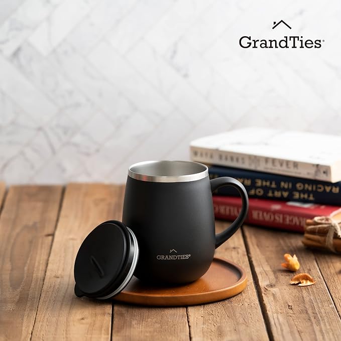 GRANDTIES Insulated Coffee Mug with Handle - Sliding Lid for Splash-Proof 16oz Wine-Glass Shape Thermal Tumbler with Double Walled Vacuum Stainless Steel to Keeps Beverages Hot or Cold-Black