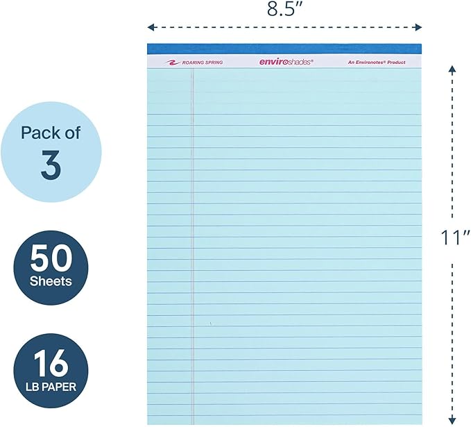 ROARING SPRING Enviroshades Blue Legal Pads, 3 Pack, Legal Ruled Recycled Colored Writing Note Pads, 8.5" x 11", 50 Sheets, Perforated Paper, Made in USA, Memo Pad For School & Office