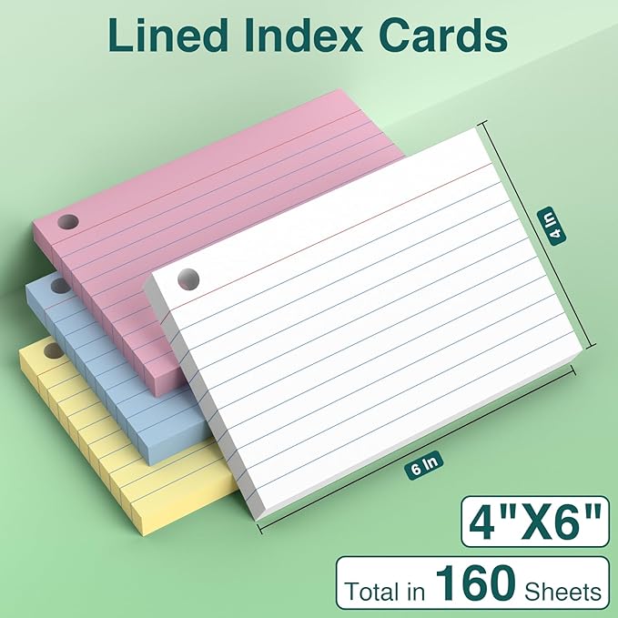 Index Cards 4x6 with Ring, 160 Sheets, Ruled Colored Flash Cards for Effective Studying and Note-Taking, Note Cards, Essential School Supplies for College & Office, Home Organization & Study Supplies