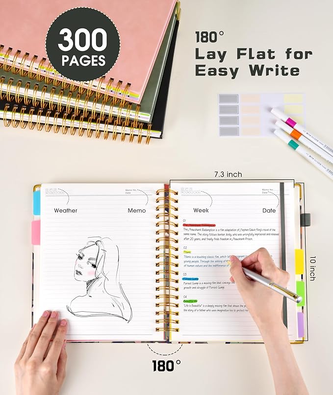 Hardcover Spiral Notebook Journal with Removable Dividers Tabs, 300 Pages 5 Subject Notebook College Ruled, 8"x10" Large B5 Notebooks for Work School Note taking, Journal for Women, Flower
