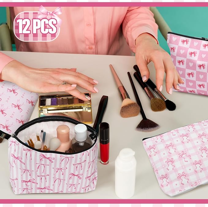 Reginary 12 Pcs Pink Bow Makeup Bags Coquette Bow Cosmetic Bags with Zippers Coquette Party Favors Pink Aesthetic Elegant Pouch Bulk Gifts for Women Mother's Day Birthday Supplies Travel Accessory