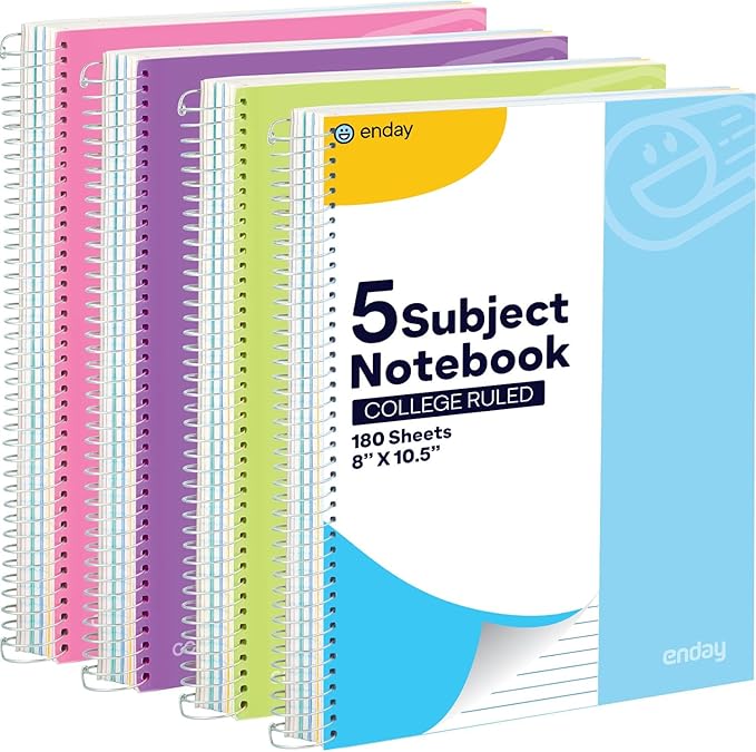 Emraw 5 Subject Notebook College Ruled Spiral White Paper 180 Sheets Perfect for Writing Sketching in class, Home, Office (Pack of 4)