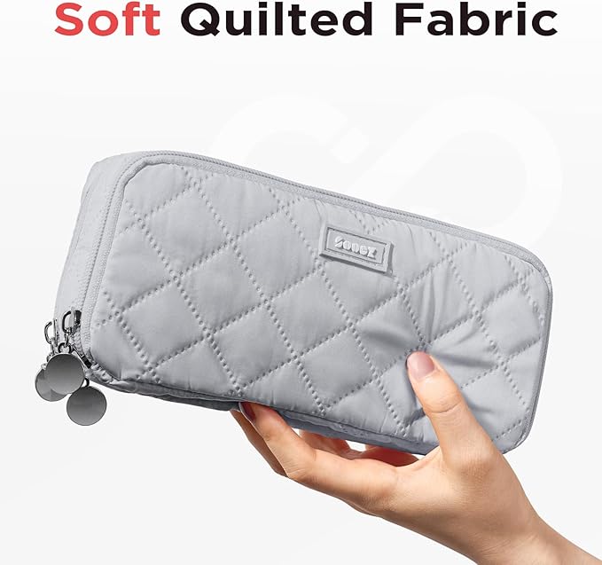 Sooez Large Pencil Case Pouch, Extra Big Pencil Bag with 8 Compartments, Pen Bag Wide Opening, Soft Quilted Pencil Pouch Organizer with Zipper, Portable Pencil Case for Teen Girls, Gray