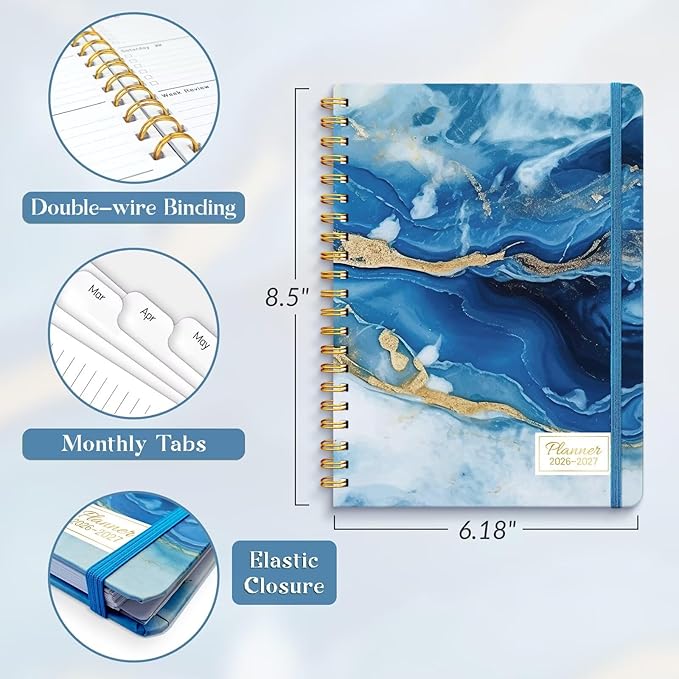 Lonely Oak Academic Planner 2026-2027, Daily Weekly and Monthly Agenda Planner 6.18" x 8.5" with Tabs, 12 Months Spiral School Year A5 Calendar from Jul.2026 to Jun.2027 for Student and Teacher (Dark Blue)