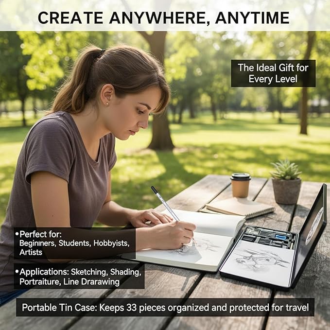 Drawing Sketching Pencil Set, 33 PCS Graphite and Charcoal Pencils with Blending Stumps, Erasers, Art Knife & Pencil Extender in Metal Box, Artist Sketching Supplies for Drawing & Shading