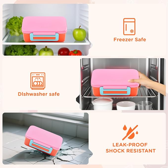 MAISON HUIS Bento Box for Kids with 8oz Soup Thermo, Insulated Lunch Bag & 17oz Water Bottle, 2-Compartment Bento Box with Built-In Ice Pack, Leak-Proof & BPA-Free (Pink)