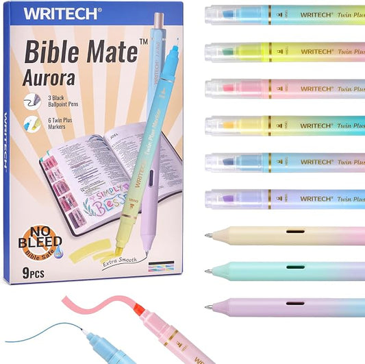 WRITECH Bible Mate Journaling Set: Highlighters & 1.0mm Ballpoint Pens 9ct | No Bleed Bible-Safe Dual Tip Highlighters + Black Pens Pastel Colors Quick Dry Ink Teachers Nurses Office