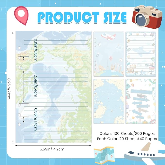 100 Sheets Travel A5 Refills Papers for Planner Insert Binder, 120GSM Thick World Map Notebook Fillers, Adventure 6 Hole Loose Leaf Papers for A5 6 Ring Binder Journal Diary Budget Travelers
